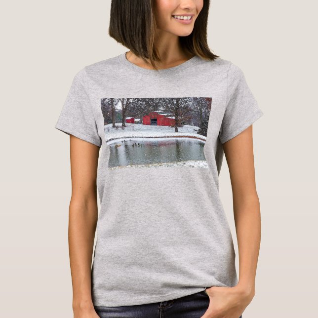 Red Barn In Snow Painterly T-Shirt (Front)