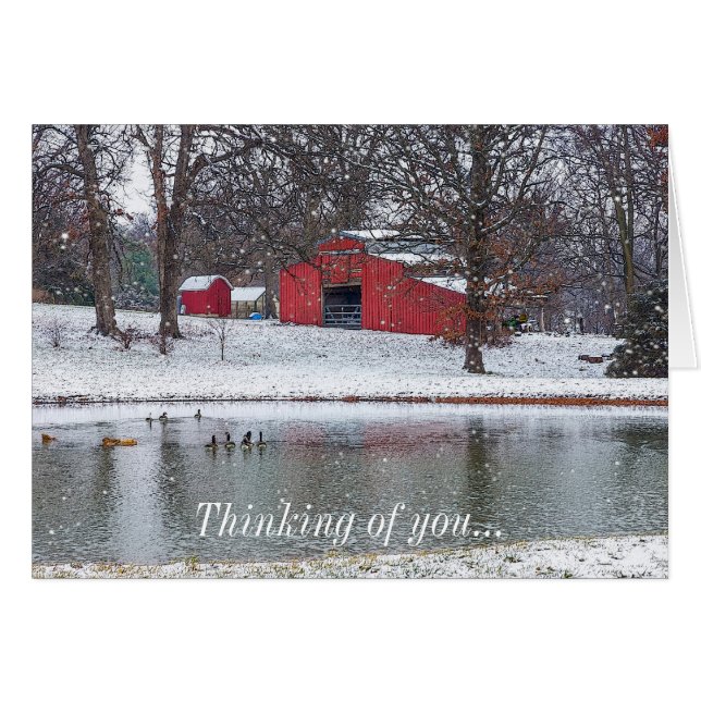 Red Barn In Snow Painterly Thinking Of You Card (Front Horizontal)