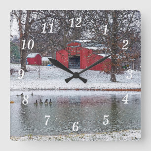 Red Barn In Snow Painterly Wall Clock
