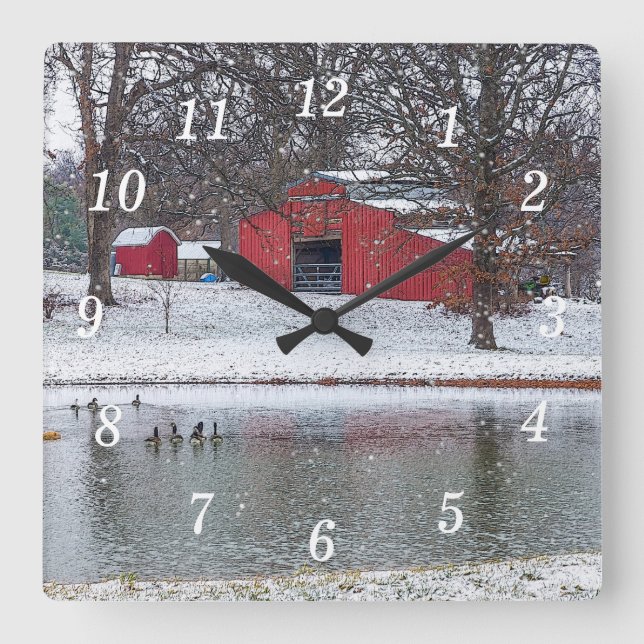 Red Barn In Snow Painterly Wall Clock (Front)