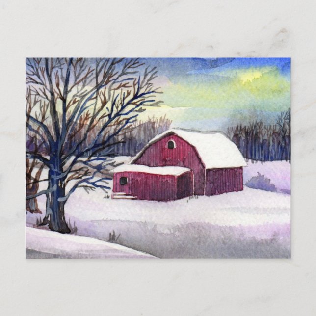 Red Barn in Snow Post Card (Front)