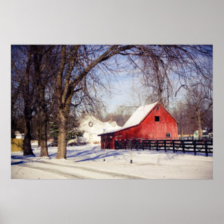 Red barn in snow poster