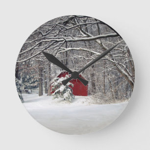 Red Barn in the Snow 2011 Round Clock