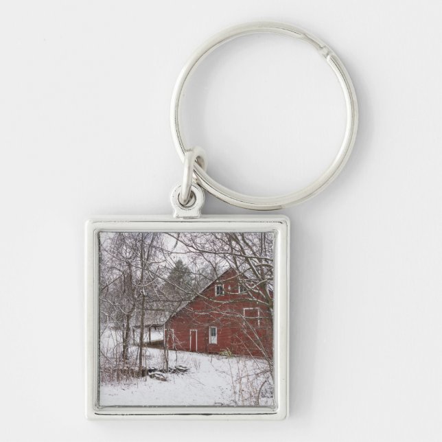 Red Barn In The Snow Key Ring (Front)