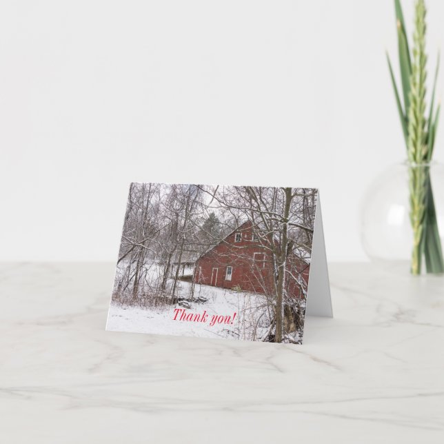 Red Barn In The Snow Thank You Card (Front)