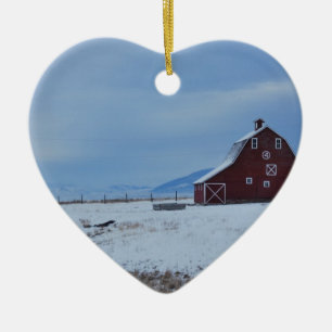 Red Barn in the Winter Rocky Mountains Ceramic Tree Decoration