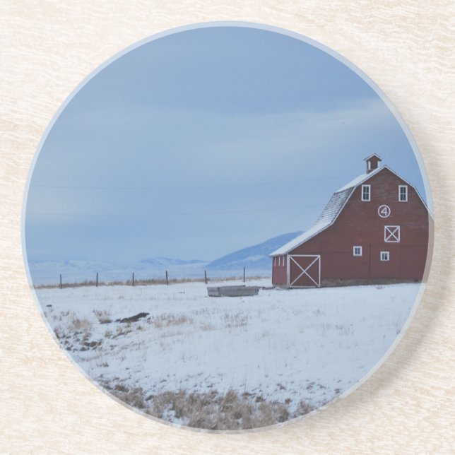 Red Barn in the Winter Rocky Mountains Coaster (Front)
