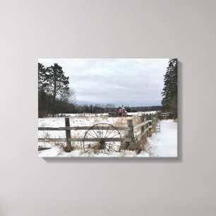 Red Barn in Winter on Canvas Print