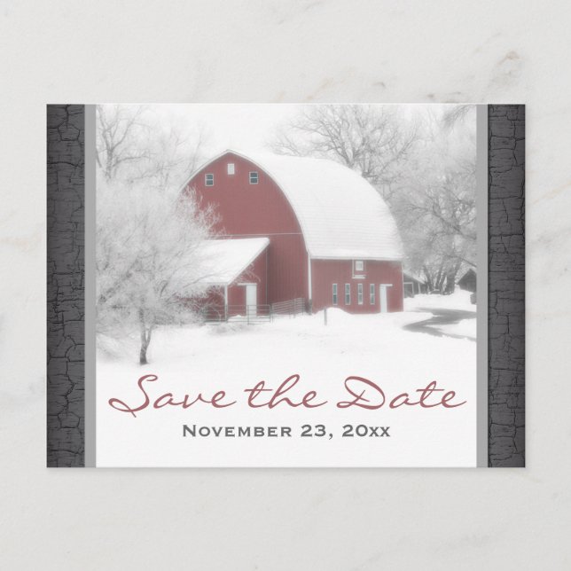 Red Barn in Winter Wedding Save the Date Post Card (Front)