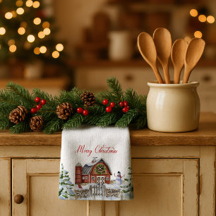 Red Barn Merry Christmas Snow Scene    Tea Towel