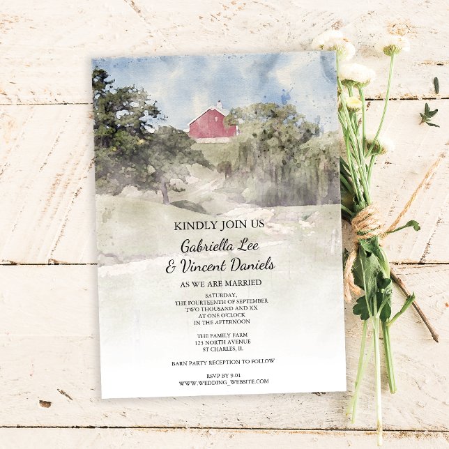 Red Barn on Hillside Farm Wedding Watercolor Invitation (Creator Uploaded)