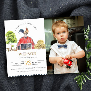 Red Barn Rooster Watercolor Photo Birthday Invite
