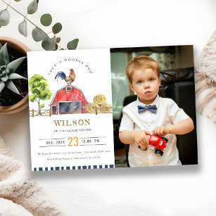 Red Barn Rooster Watercolor Photo Birthday Invite