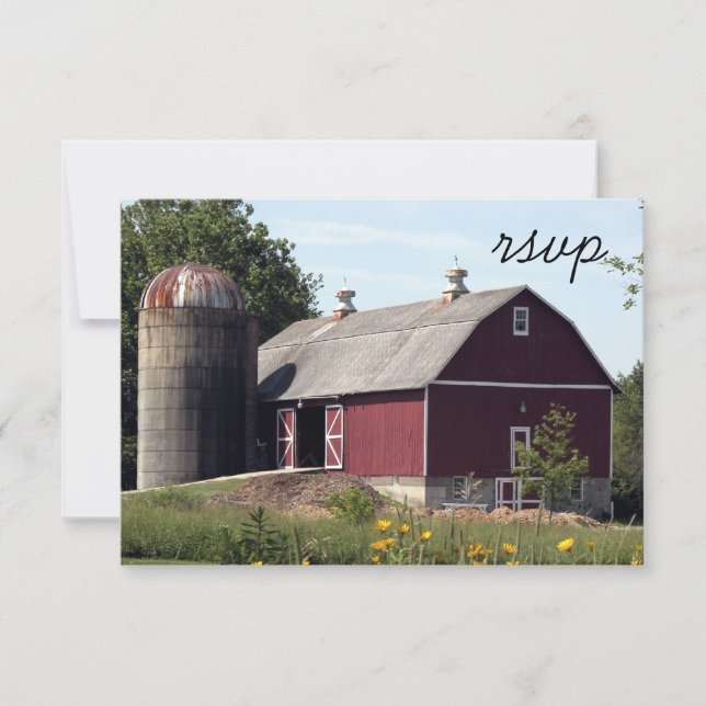 Red Barn Silo Country Wedding RSVP Response Card (Front)