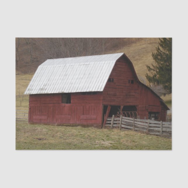 Red Barn Silver Roof Run-Down Fence Tissue Paper (Front)