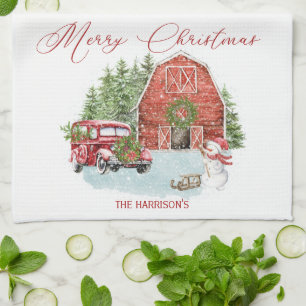 Red Barn, Snowman, Trees, Vintage Red Car  Tea Towel