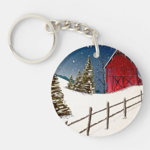 Red Barn Snowy Landscape  Key Ring