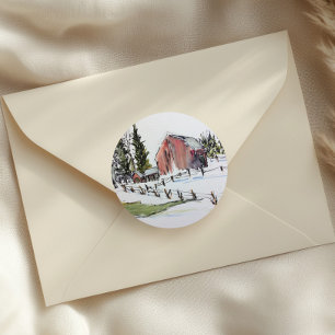  red barn sticker, snowy winter day ink watercolor classic round sticker