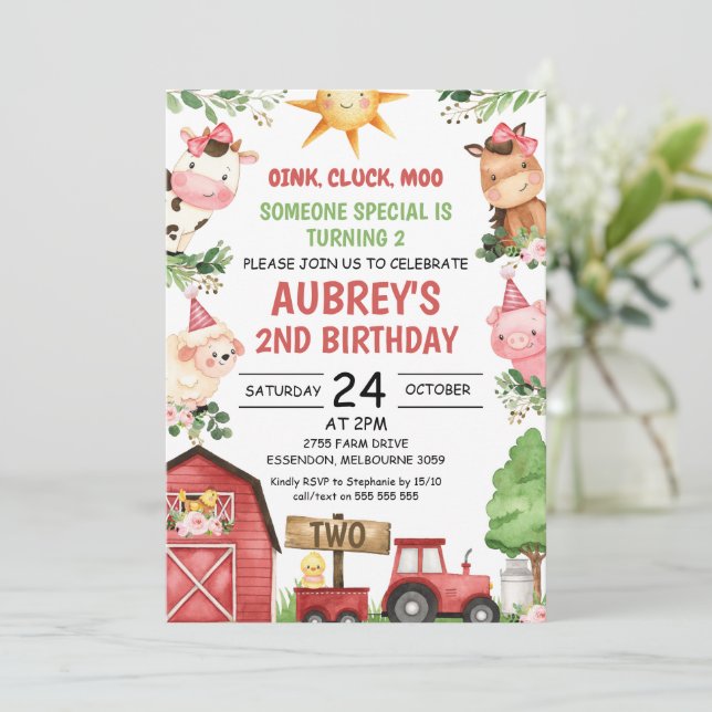 Red Barn Tractor Farm Animals Birthday Invitation (Standing Front)