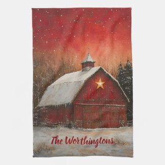 Red Barn w Star n Winter Trees Farmhouse Monogram Tea Towel