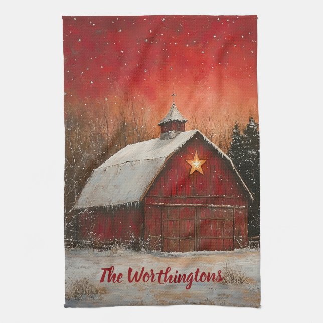 Red Barn w Star n Winter Trees Farmhouse Monogram Tea Towel (Vertical)