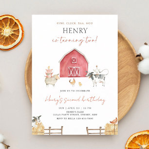 Red Barn Watercolor Farm Animals Birthday Invitation