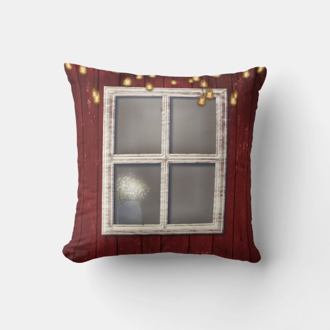 Red Barn Window & Lights Rustic Country Farmhouse Cushion (Front)