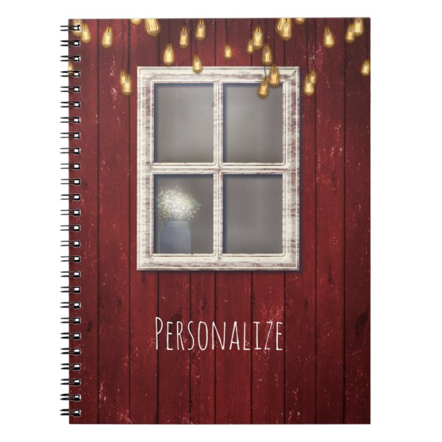 Red Barn Window & Lights Rustic Country Farmhouse Spiral Notebook (Front)