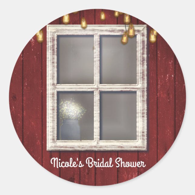 Red Barn Window & Lights Rustic Country Favour Classic Round Sticker (Front)