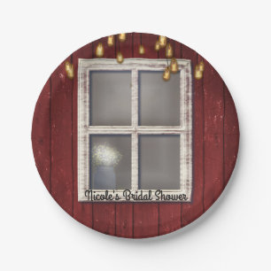 Red Barn Window & Lights Rustic Country Wedding Paper Plate