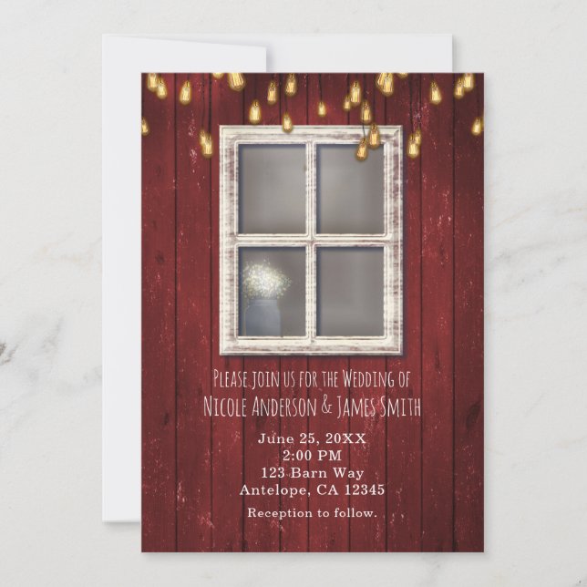Red Barn Window & Lights Rustic Invitations (Front)