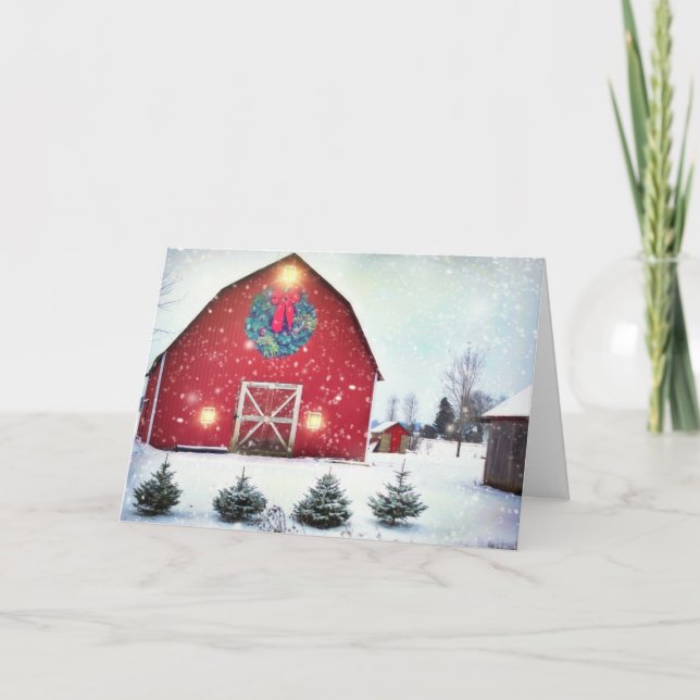 Red Barn with Christmas Wreath Holiday Card (Front)