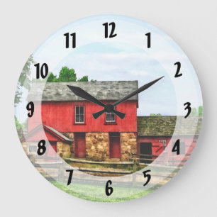 Red Barn with Fence Large Clock