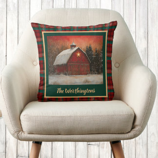 Red Barn with Star n Snow Farmhouse Monogram Plaid Cushion