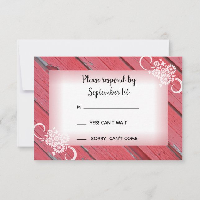 Red Barn Wood and Flowers Country Wedding RSVP Card (Front)