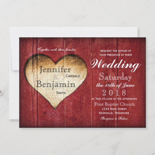 Red Barn Wood Heart Country Wedding Invitations (Front)
