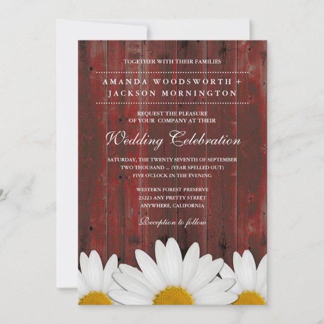 Red Barn Wood Rustic Daisy Wedding Invitations (Front)