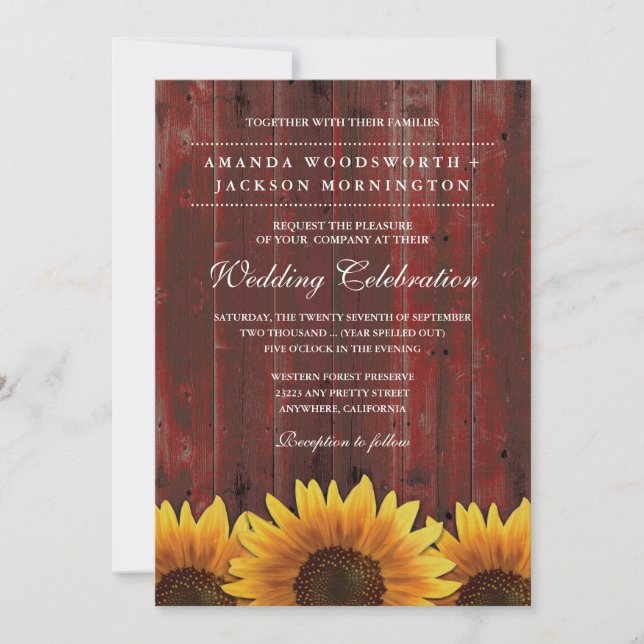 Red Barn Wood Rustic Sunflower Wedding Invitations (Front)