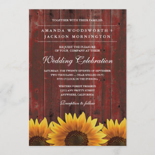 Red Barn Wood Rustic Sunflower Wedding Invitations