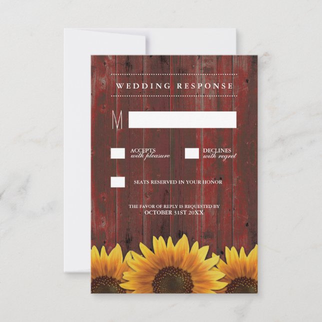 Red Barn Wood Rustic Sunflower Wedding RSVP Cards (Front)