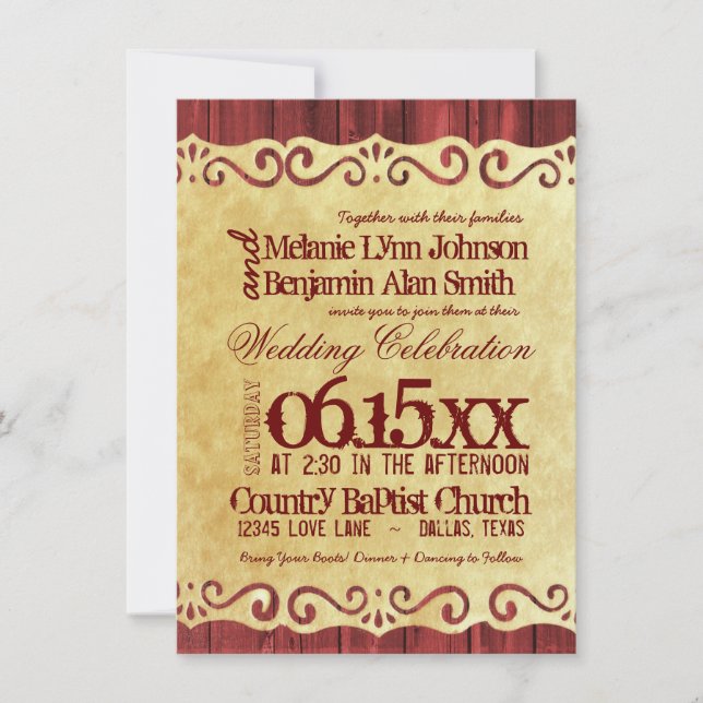 Red Barn Wood Vintage Paper Wedding Invitations (Front)