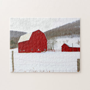Red Barns in a Snowy Winter Scene Family Fun Time Jigsaw Puzzle