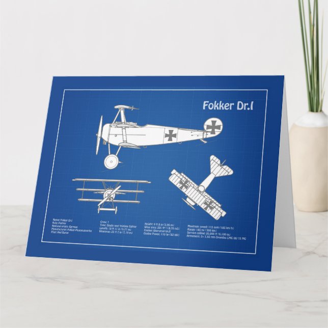 Red Baron Fokker Dr.1 - Aeroplane Blueprint ABD Thank You Card (Front)