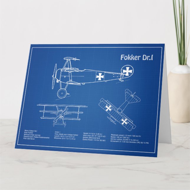 Red Baron Fokker Dr.1 - Aeroplane Blueprint AD Thank You Card (Front)