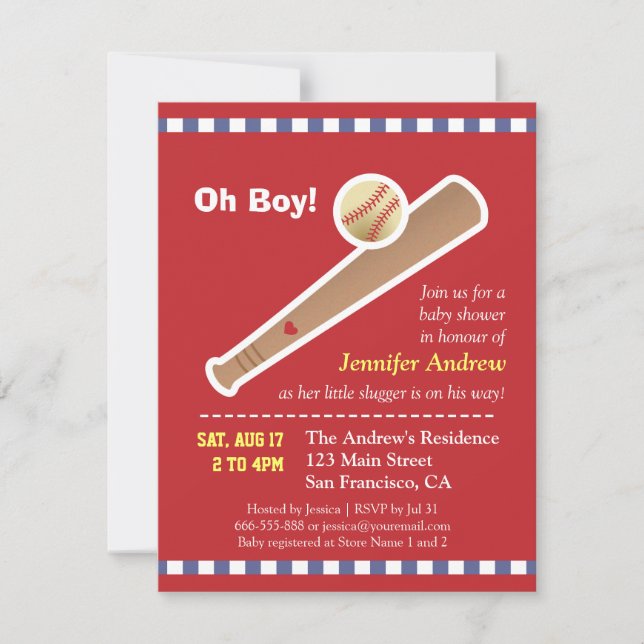 Red baseball baby shower invitation (Front)