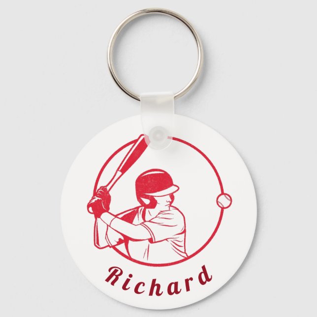 Red Baseball Player Coach Athlete Custom Name Cool Key Ring (Front)