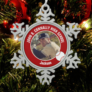 Red Baseball Player Photo Custom High School Snowflake Pewter Christmas Ornament
