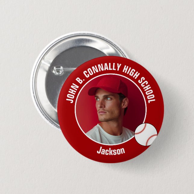 Red Baseball Player Photo High School Spirit 6 Cm Round Badge (Front & Back)