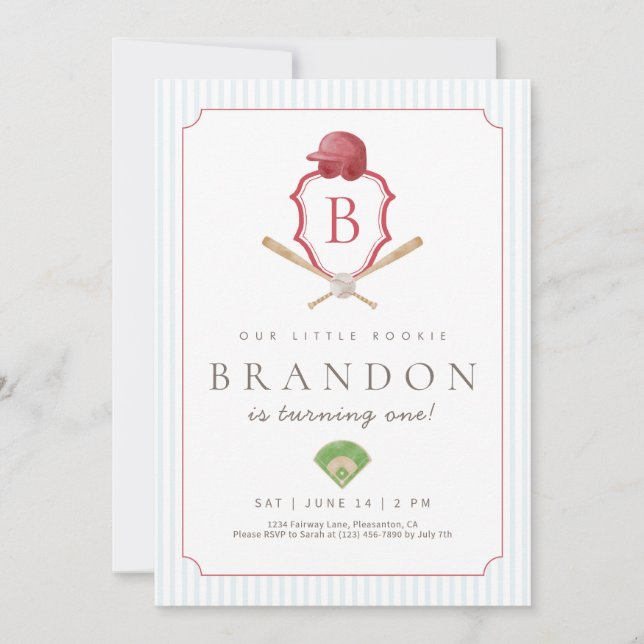 Red Baseball Preppy Crest 1st Birthday  Invitation (Front)