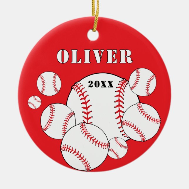 Red Baseball Sports Kids Keepsake Christmas Ceramic Tree Decoration (Front)